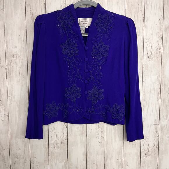 Vintage Karin Stevens Purple Embroidered Beaded Long Sleeve Button Front Blazer - Picture 1 of 9